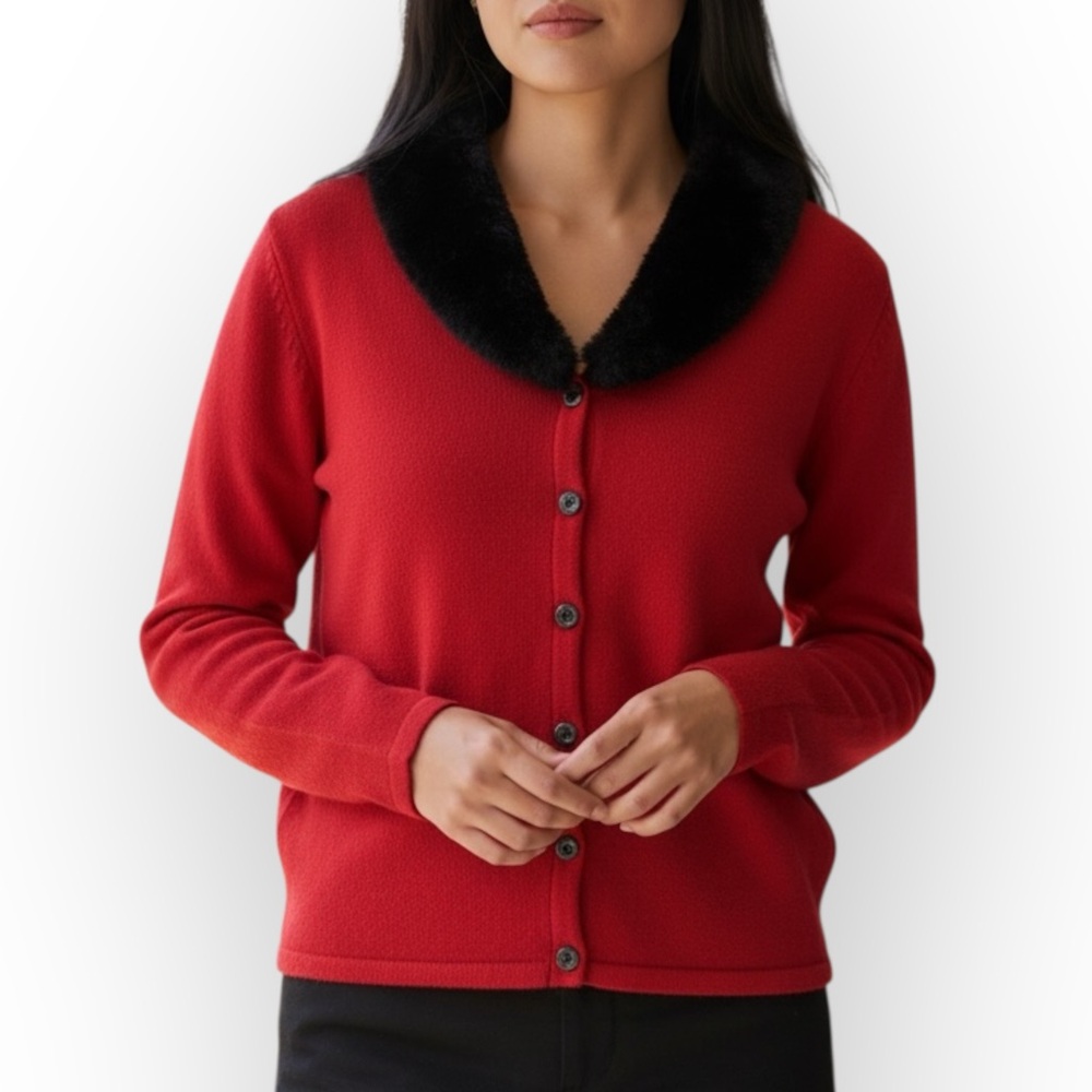 Red Cardigan with Black Collar